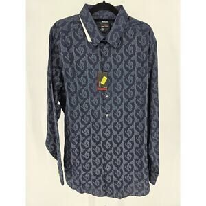 Murano Mens Sz 2XT Long Sleeve Button Up Dress Shirt Navy Blue Printed NEW